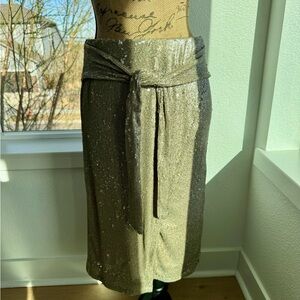 Sequined Metallic Midi Skirt with Tie Waist - Champagne